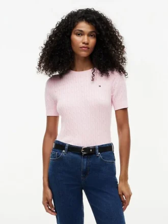 Short-Sleeve Cable Knit Sweater