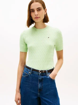 Short-Sleeve Cable Knit Sweater