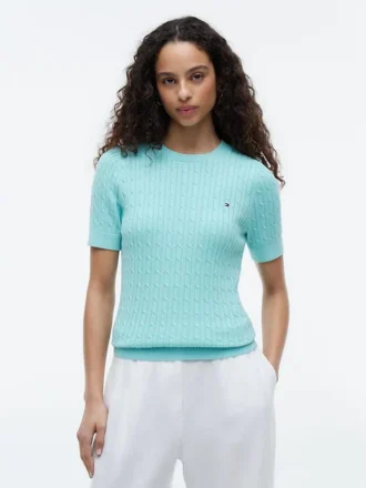 Short-Sleeve Cable Knit Sweater