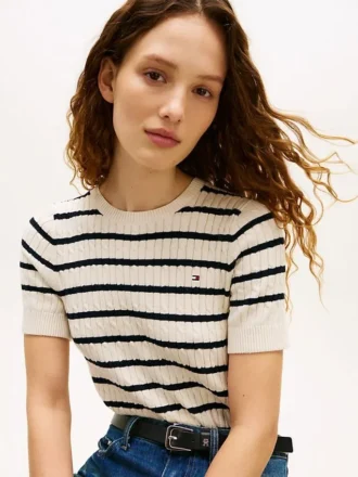 Short-Sleeve Cable Knit Sweater