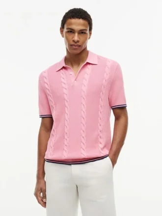 Short-Sleeve Cable Knit Sweater Polo