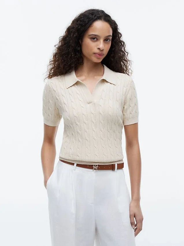 Short-Sleeve Cable Knit Sweater Polo Short-Sleeve Cable Knit Sweater Polo