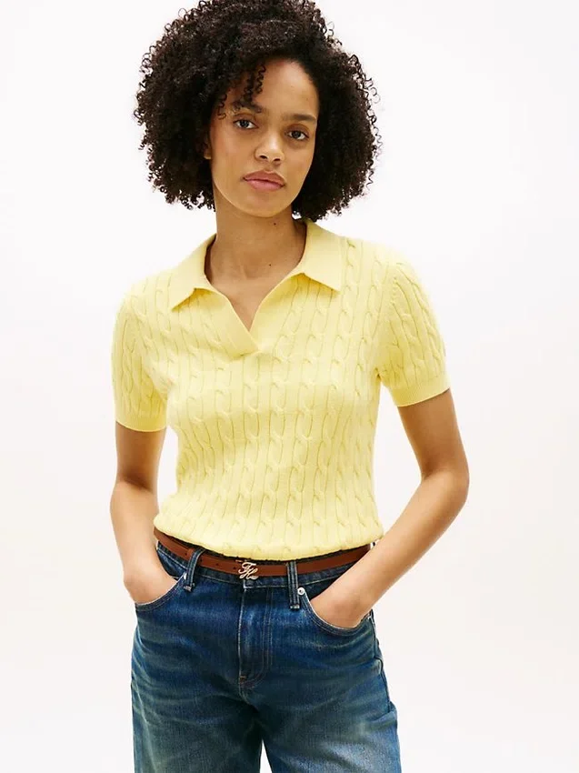 Short-Sleeve Cable Knit Sweater Polo Short-Sleeve Cable Knit Sweater Polo