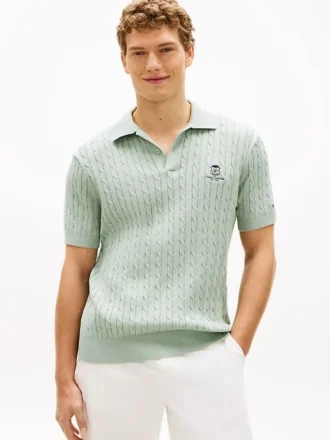 Short-Sleeve Cable Knit Sweater Polo