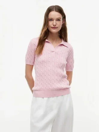 Short-Sleeve Cable Knit Sweater Polo