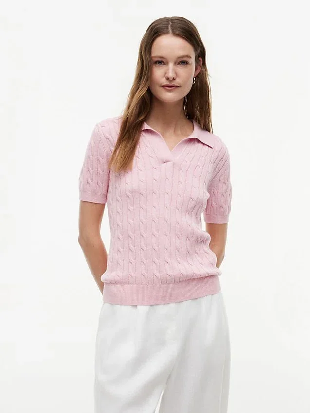 Short-Sleeve Cable Knit Sweater Polo Short-Sleeve Cable Knit Sweater Polo