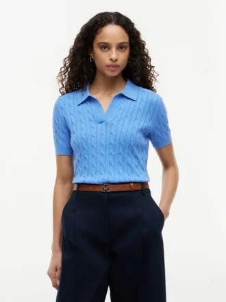 Short-Sleeve Cable Knit Sweater Polo