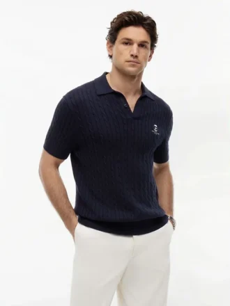 Short-Sleeve Cable Knit Sweater Polo