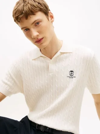 Short-Sleeve Cable Knit Sweater Polo