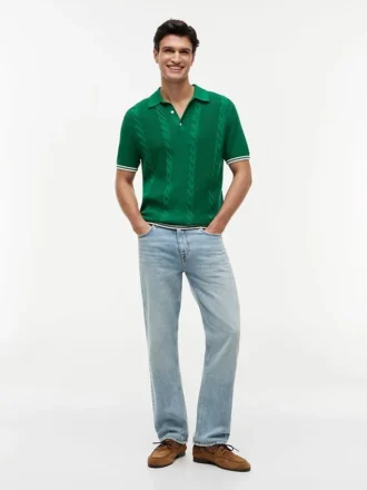 Short-Sleeve Cable Knit Sweater Polo
