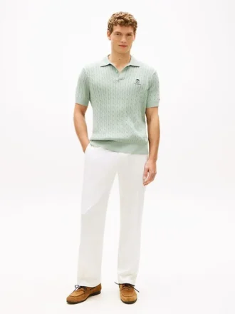 Short-Sleeve Cable Knit Sweater Polo