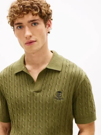 Short-Sleeve Cable Knit Sweater Polo