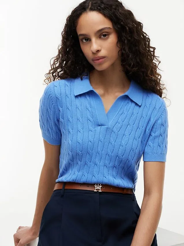 Short-Sleeve Cable Knit Sweater Polo Short-Sleeve Cable Knit Sweater Polo