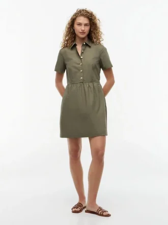 Short-Sleeve Gold-Button Dress