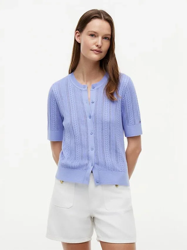 Short-Sleeve Mixed-Knit Cardigan Short-Sleeve Mixed-Knit Cardigan