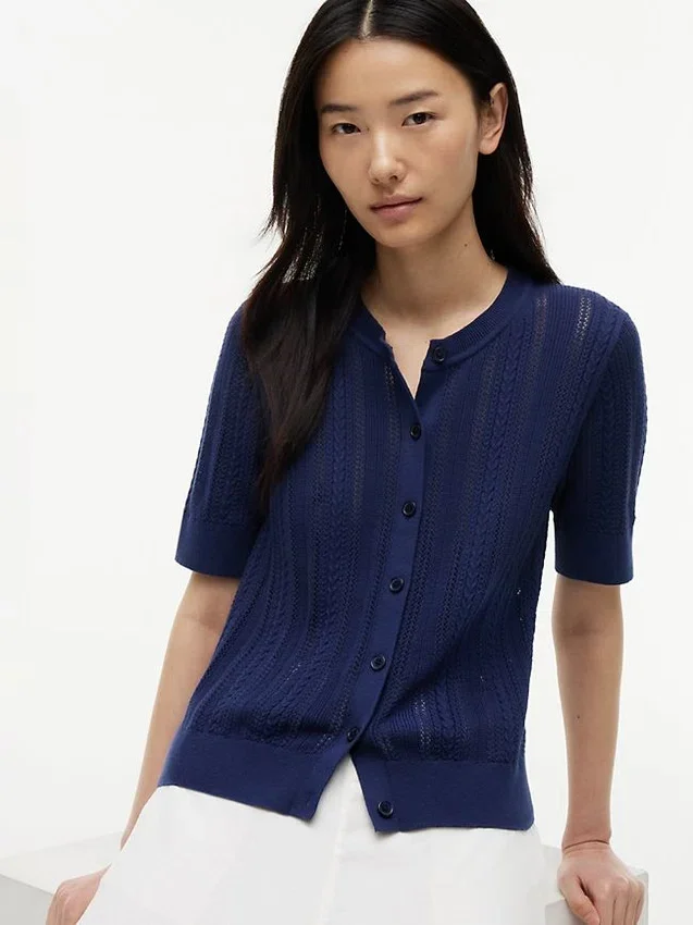 Short-Sleeve Mixed-Knit Cardigan Short-Sleeve Mixed-Knit Cardigan