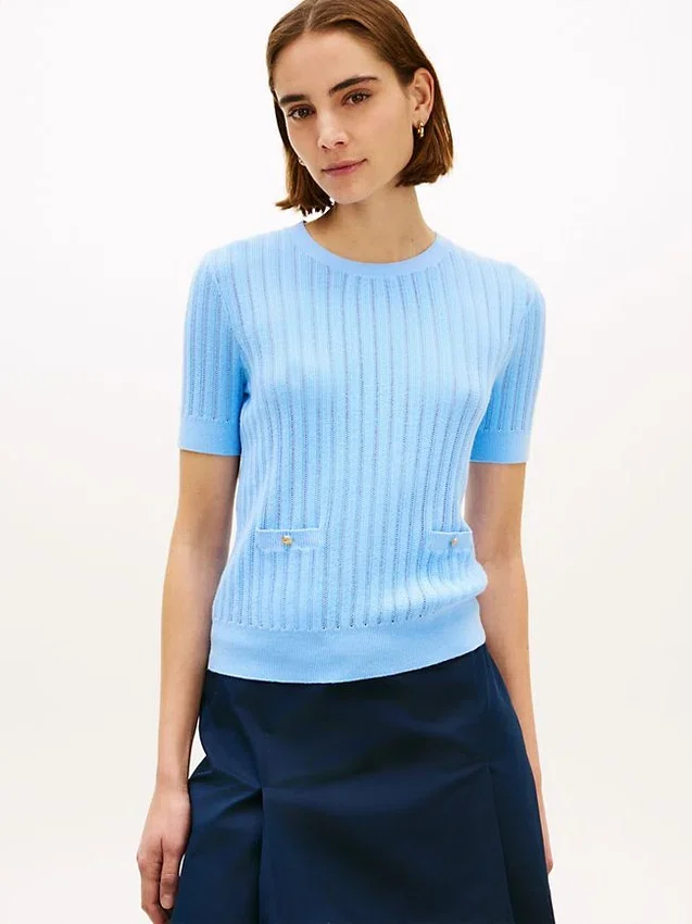 Short-Sleeve Pointelle Pocket Sweater Short-Sleeve Pointelle Pocket Sweater