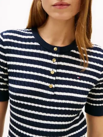 Short-Sleeve Stripe Cable Knit Henley