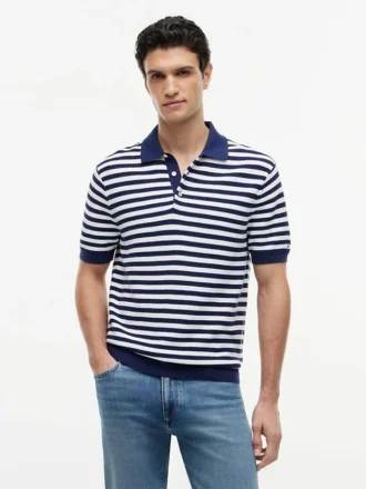 Short-Sleeve Stripe Waffled Sweater Polo