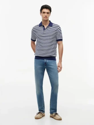 Short-Sleeve Stripe Waffled Sweater Polo