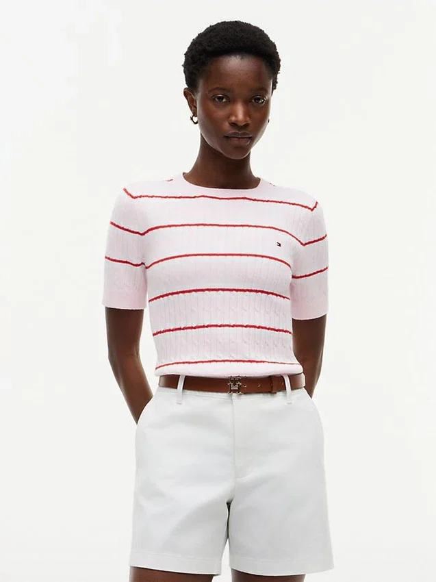 Short-Sleeve Striped Cable Knit Sweater Short-Sleeve Striped Cable Knit Sweater