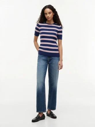 Short-Sleeve Striped Cable Knit Sweater