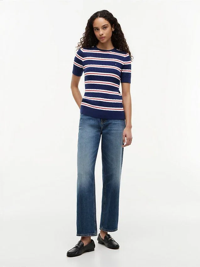 Short-Sleeve Striped Cable Knit Sweater Short-Sleeve Striped Cable Knit Sweater