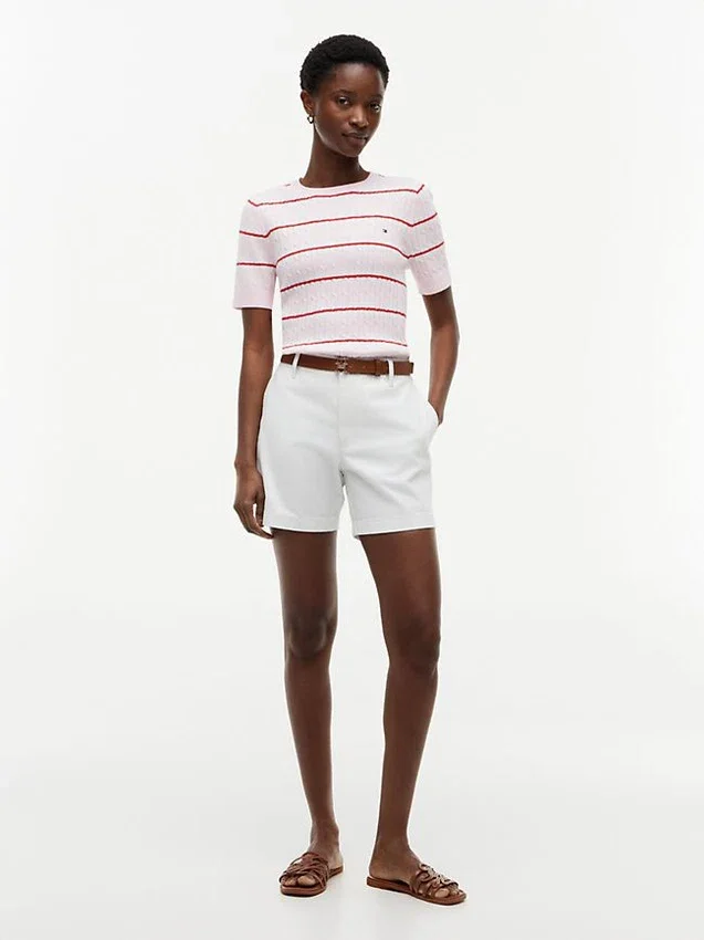 Short-Sleeve Striped Cable Knit Sweater Short-Sleeve Striped Cable Knit Sweater