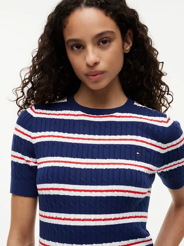 Short-Sleeve Striped Cable Knit Sweater Short-Sleeve Striped Cable Knit Sweater