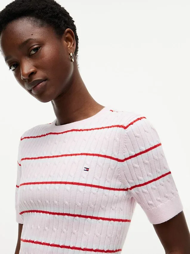 Short-Sleeve Striped Cable Knit Sweater Short-Sleeve Striped Cable Knit Sweater