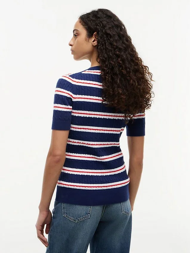 Short-Sleeve Striped Cable Knit Sweater Short-Sleeve Striped Cable Knit Sweater