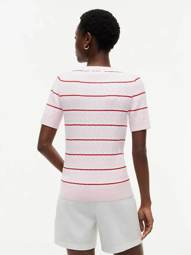 Short-Sleeve Striped Cable Knit Sweater Short-Sleeve Striped Cable Knit Sweater