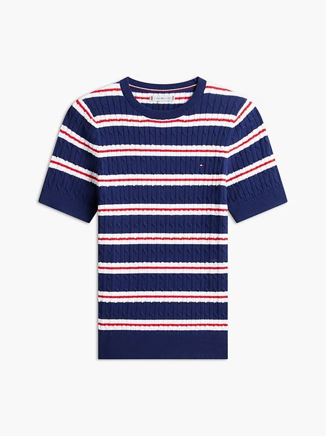 Short-Sleeve Striped Cable Knit Sweater Short-Sleeve Striped Cable Knit Sweater