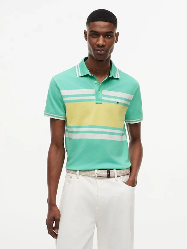 Slim Fit Block Stripe Stretch Pique Polo Slim Fit Block Stripe Stretch Pique Polo