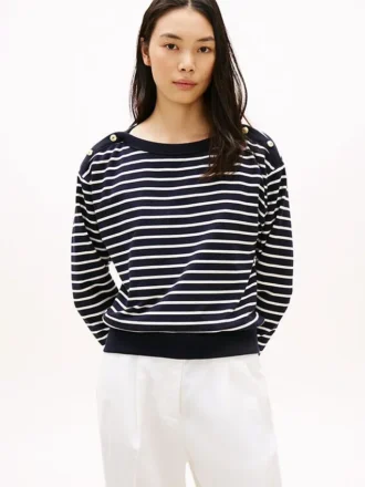 Stripe Gold-Button Boatneck Sweatshirt