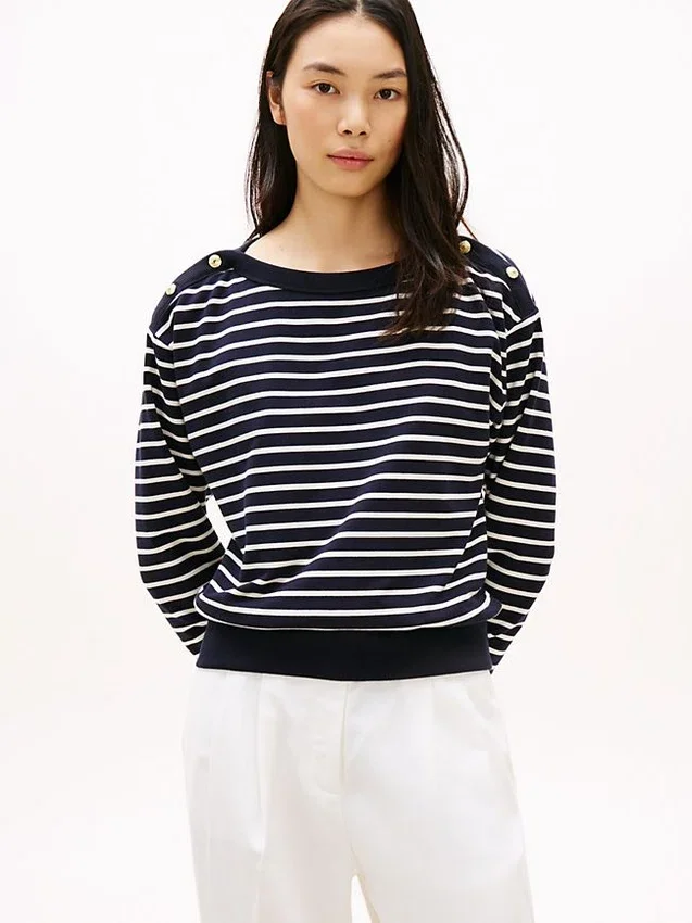 Stripe Gold-Button Boatneck Sweatshirt Stripe Gold-Button Boatneck Sweatshirt