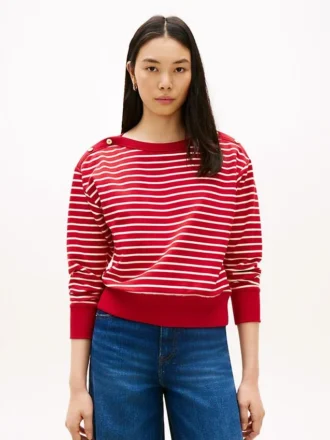 Stripe Gold-Button Boatneck Sweatshirt