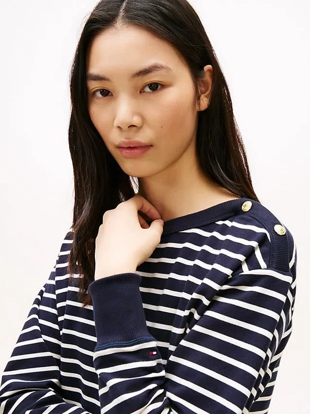 Stripe Gold-Button Boatneck Sweatshirt Stripe Gold-Button Boatneck Sweatshirt