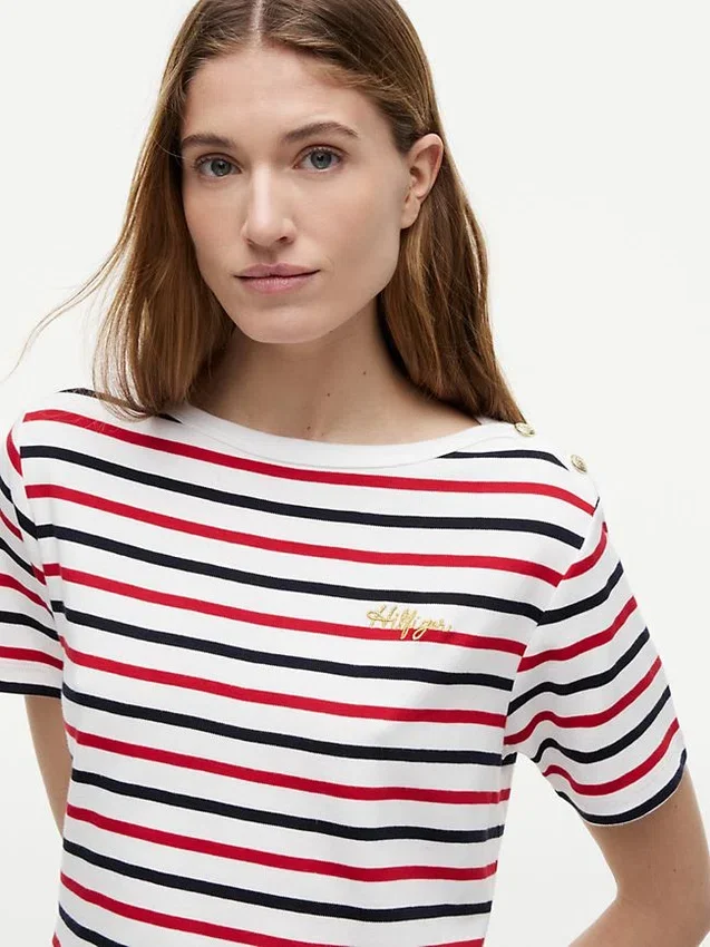 Stripe Gold-Button Interlock T-Shirt Stripe Gold-Button Interlock T-Shirt