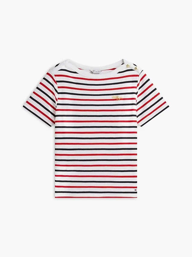 Stripe Gold-Button Interlock T-Shirt Stripe Gold-Button Interlock T-Shirt