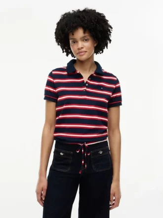 Tie-Front Stripe Stretch Pique Polo