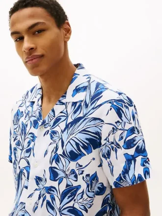 Tropical Print Linen Camp Shirt
