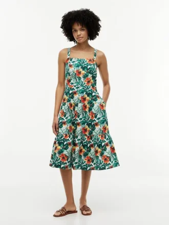 Tropical Print Tiered Linen-Blend Dress