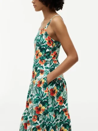 Tropical Print Tiered Linen-Blend Dress
